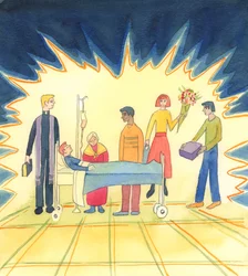 Quando as pessoas demonstram verdadeira bondade e compaixão para com os doentes, deficientes, feridos ou moribundos, e cuidam deles com ternura até que Deus decida chamar o doente para longe da vida terrena, demonstram respeito pela vida, 2005 (aguarela so