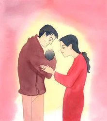 Quando os cônjuges são obedientes ao plano de Deus para o casamento, querem ser fiéis um ao outro e, se for possível, a mulher procura cuidar dos filhos como só uma mãe pode fazer, 2005 (aguarela sobre papel)