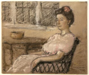 Mulher sentada de cor-de-rosa