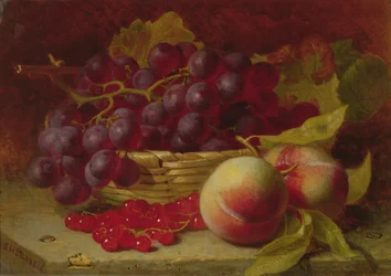 Natureza-morta de groselhas vermelhas, pêssegos e uvas num cesto