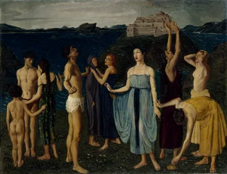Um friso de figuras em pé numa paisagem, c.1910 (óleo sobre tela) [LDUCS-5264]