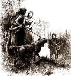 O velho caçador Natty Bumppo e o seu cão Hector com Helene Wade e o caçador de abelhas Paul Hover