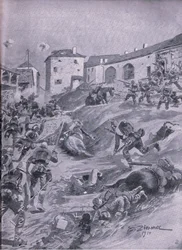 O Batalhão de Caçadores Aschaffenberg 2º Batalhão Bávaro em Lagarde Agosto de 1914, de The Illustrated History of the World War 1914-1915 pub. pela Union Berlagsefellfchaft