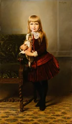 Retrato, jovem, menina, segurando, boneca, 1887