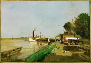 Dampfschiffstation an der Donau bei Kaisermuehlen - Estação de barcos a vapor no Danúbio perto de Kaisermuehlen ... (pintura sobre tela)