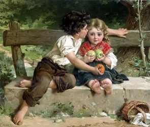 Boyboy beijando menina e dando-lhe maçãs, de acordo com E. Munier