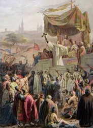 São Bernardo de Clairvaux pregando a Segunda Cruzada em Vezelay, 31 de Março de 1146 - gravura após Emile Signol - Saint-Bernard de Clairvaux (São Bernardo de Chiaravalle) pregando a Segunda Cruzada na presença do Rei Luís VII e da Rainha Alienor de