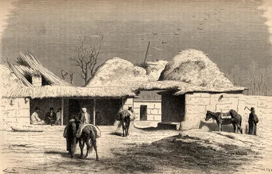 Um caravanserai em Tashkent, Uzbequistão, ilustração de &39;O mundo nas mãos&39;, gravado por Charles Laplante (d.1903), publicado em 1878 (gravação)