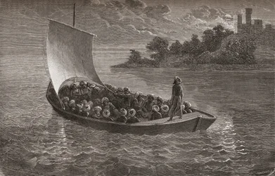 Arminio Vambery e seus companheiros navegando pelo mar Cáspio em 1863, ilustração de "O mundo nas mãos", gravada por Gauchard, publicada em 1878