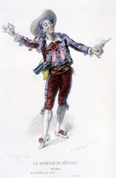 Obra completa de Beaumarchais (1732-1799) de Edouard Fournier. Desenho de Emile Bayard. Ed. Laplace, Sanchez et Cie, Paris 1876. Este é Figaro em "O barbeiro de Sevilha".