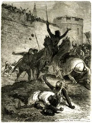 Cruzada contra os Albigeois - Cerco de Toulouse, 25 de Junho de 1218. O irmão de Simon de Montfort acaba de ser ferido por uma flecha, o próprio Simon de Montfort vai ser morto por uma bola de catapulta, diz-se, por uma das mulheres de Toulouse que é