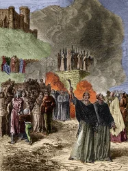 Cruzada contra os Albigeois - Os últimos defensores de Montsegur (Cathare) queimados no talho em 1244 - Gravação de Emile Bayard depois de G. Burgun