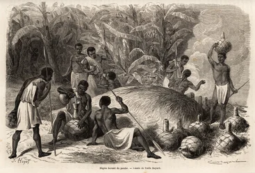 Degustação do pombo (bebida alcoólica por fermentação), no Karague (a oeste do Lago Vitória, no Zimbabué actual), desenho de Emile Bayard (1837-1891), ilustrando a viagem de descoberta do Capitão Speke em África de 1860 a 1863. Gravura em