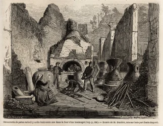 Descoberto por um forno de padaria e pão conservado em cinza durante as escavações de 1864 em Pompéia, desenho de Emile Bayard (1837-1891), para ilustrar o texto de Marc Monnier (1829-1885) "Pompéia e os Pompeianos". Gravura em "Le tour du monde", editado 