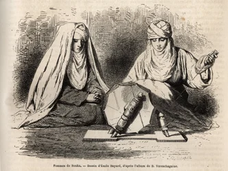Femmes de Boukhara (Uzbequistão), trabalhando em seu trabalho de fiação, gravando depois de um desenho de Emile Bayard, para ilustrar a viagem de Basile Vereschaguine à Ásia Central em 1867-1868, publicado em "Le tour du monde" 1873, editado por Edouard Ch
