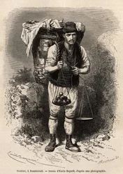 Fruitier, um comerciante itinerante de frutas frescas, com seu capuz de transporte e balança portátil nas costas, em Roustchouk (Romênia), gravando após o desenho de Emile Bayard, ilustrando a viagem à Bulgária, de Guillaume Lejean, em 1867, publicado em "