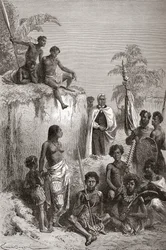 O rei havaiano Kamehameha I e seus guerreiros, ilustração de "O mundo nas mãos", publicado em 1878 (gravura)