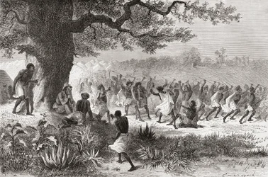 Henry Morton Stanley assistindo a tribo Vouagogos se preparando para a batalha durante sua expedição em 1871, ilustração de "O mundo nas mãos", publicado em 1878