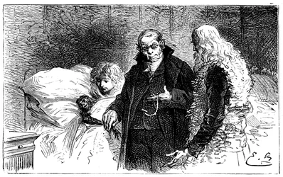 Ilustração de Emile Bayard para o romance "Sans Famille" de Hector Malot: Joli-Coeur (coração bonito), o macaco cientista doente é examinado por um médico (auscultado por um médico que lhe tira a galinha) na presença de Remi e Monsieur Vitalis - Hetze