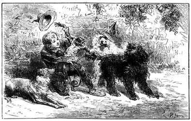 Ilustração de Emile Bayard para o romance "Sans Famille", de Hector Malot: Remi brinca com seus amigos, os animais cultos da trupe de Monsieur Vitalis, o artista itinerante - Joli-Coeur (coração bonito), o macaco e os três cães Capi, Zerbino e Dol