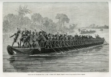 Grande canoa do Arouhouimi, carregada de 40 remadores de pé e vinte guerreiros em armas, no rio Livingstone (Congo), desenhada por Emile Bayard, para ilustrar a história "Through the Mysterious Continent", viagem feita entre 1874-1877, por Sir H.M.