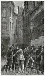 Cartazes - ilustração da história de um crime, do século XIX (gravura bw)