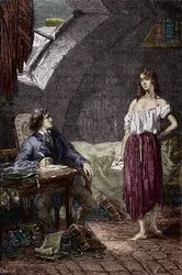 Marius e Eponine, filha mais velha dos Thenardiers e apaixonada por Marius Ilustração do romance "Les Miserables" de Victor Hugo (1802-1885) Ilustração de Emile Bayard - (Eponine Thenardier (Jondrette girl) e Marius) Gravação da colecção privada