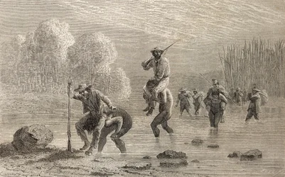 Paul Marcoy e sua expedição foram transportados através de um pântano na Argentina por índios Chuncho em 1874, ilustração de "The World in the Hands", publicada em 1878