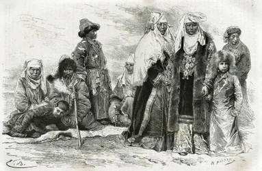 Mulheres quirguizes pobres e ricas. Gravura de Emile Bayard, para ilustrar impressões de viagem de Orenburg a Samarkand, de Marie de Ujfalvy-Bourdon, entre 1876 e 1878, no Tour du monde, dirigido por Edouard Charton