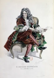 Retrato de Nicolas Boileau Despreaux (Boileau-Despreaux) (1636-1711) em "Obras de Nicolas Boileau" Paris 1873 (gravura)