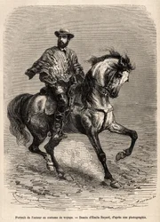 Retrato do autor, em sua montagem, vestindo seu traje de viagem, gravado após um desenho de Emile Bayard ilustrando a história no deserto de Acatama e Caracoles (América do Sul), do engenheiro A. Bresson, em 1870-1874, publicado em "Le tour du monde