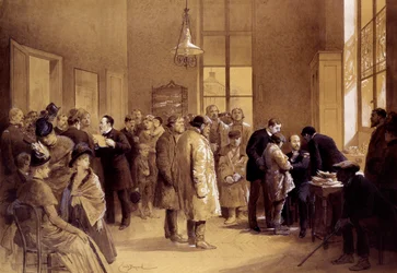 Vacinação contra a raiva: Louis Pasteur (1822-1895) dirigiu-se aos admiradores enquanto o Dr. Gaucher vacinava contra a raiva uma criança russa, Joseph Meister, em 6/07/1885, num laboratório da Rue d