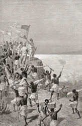 Stanley e sua primeira observação de Tanganica, na África Oriental, em 1872, ilustração de "O mundo nas mãos", publicada em 1878