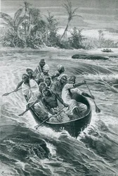 Stanley supera as corredeiras do rio Congo, desenhadas por Emile Bayard