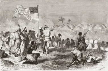 O ataque de Stanley a Zimbizo durante sua expedição em 1871, ilustração de "O mundo nas mãos", gravada por Henri Theophile Hildibrand (1824-97), publicada em 1878