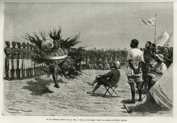 O Sova Mavanda (rei), rodeado por seus homens que salvamodificam uma canção monótona, dançando em frente ao major. Gravado por Emile Bayard, para ilustrar a história de como atravessei a África, do Oceano Atlântico ao Índico, pelo Major Serpa Pinto,