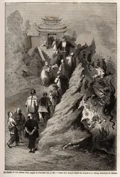 O Caminho do Céu, desenho de E.Bayard, baseado numa pintura de um pagode a Tien Tsin, ilustrando a viagem de Xangai a Moscovo, de 1859 a 1862, de M.de Bourboulon, Ministro da França na China. Gravura em "Le tour du monde", editado por Edou