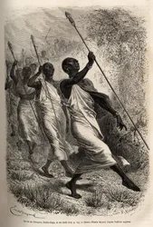 A chegada de Kabba Rega, rei do Ounyoro (Sudão oriental) e dos chefes da sua corte, ao acampamento de Sir Baker para uma visita oficial, gravada após um desenho de Emile Bayard, ilustrando uma expedição na África Central, para a supressão do
