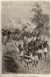 O cortejo da esposa de Cassemmbe passa diante de Livingstone que a saúda, gravado após um desenho de Emile Bayard, ilustrando o último diário de David Livingstone (1813-1873), em 1866-1873, publicado em "Le tour du monde" 1875, editado por Edouard Charton,
