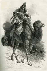 O guia e intérprete da expedição, Chutun Dzamba, de 58 anos, agachado sobre o seu camelo, murmurava continuamente orações, desenho de Emile Bayard para ilustrar a viagem à Mongólia e à terra dos Tangutes de 1870 a 1873, pelo tenente