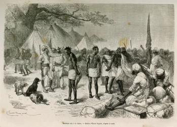 Os insolentes transportadores da expedição colocados na cadeia, desenhados por Emile Bayard, para ilustrar a história: Por toda a África, de Zanzibar (Tanzânia) a Benguela (Angola), de 1872 a 1876, pelo Tenente V.H.Cameron. Gravura em Le tour du monde