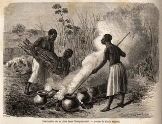 A produção de cerveja, na região dos Grandes Lagos, África, desenho de Emile Bayard (1837-1891), ilustrando a viagem de descoberta na África, de 1860 a 1863 do Capitão Speke. Gravura em "Le tour du monde", editado por Edouard Charton