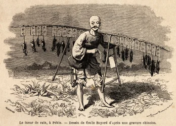 O assassino de ratos em Pekin. Desenho de Emile Bayard (1837-1891), para ilustrar a viagem de Xangai a Moscou, de 1859 a 1862, de M. de Bourboulon, Ministro da França à China. Gravura em "Le tour du monde", editado por Edouard Charton