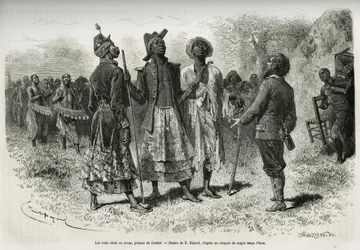 Os três condutores (ou sovas), príncipes de Dombe (Angola), e o seu séquito de músicos e um cortesão, vindo ao encontro do explorador S. Pinto. Gravura de Emile Bayard para ilustrar o relato Como atravessei África, do oceano Atlântico ao oceano Índico