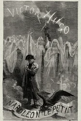 Página de título do livro de Victor Hugo "Napoleão o Pequeno" (Napoleão 3 segurando uma corrente de águia). Gravado por Emile Bayard.