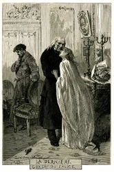 Victor Hugo "The Miserables", "The Last Gorgee of the Chalice". Ilustração de Emile Bayard. O antigo forcat Jean Valjean ficou velho com Cosette e Marius. Gravação da edição Ollendorff 1906.