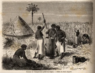 Mulheres batendo sorgo, na região dos Grandes Lagos, África, desenhadas por Emile Bayard (1837-1891), ilustrando a viagem de descoberta do Capitão Speke na África de 1860 a 1863. Gravura em "Le tour du monde", editado por Edouard Charton