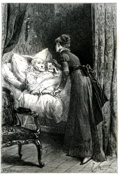 Jovem cuidando de um homem velho morrendo em sua cama sob um crucifixo pendurado na parede. O homem moribundo segura suas últimas recomendações (testamento) à mão. Gravura de Emile Bayard ilustrando o livro de Jules Sandeau "Mademoiselle de la Seigliere", 