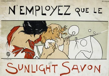 Use apenas sabonete Sunlight, mãe fazendo o banheiro do filho e lavanderia estendida - por Berchmans, final do século XIX
