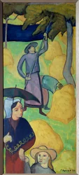 Abóbada de maçãs. A apanhar maçãs de um pomar. Pintura de Emile Bernard (1868-1941)